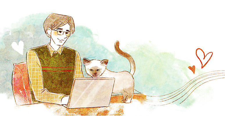 PSD 동물 한마리 남자 행복 일러스트 함께함 한명 사람 성인 노트북 반려동물 귀여움 고양이 책상 동물보호 국내일러스트 1 감정 가구 컨셉 포유류 전자제품 사회이슈 파일형식