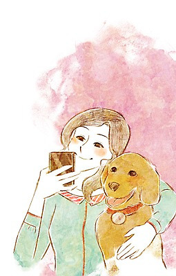 PSD 동물 한마리 여자 행복 일러스트 함께함 한명 사람 성인 반려동물 귀여움 골든리트리버 강아지 셀프카메라 동물보호 국내일러스트 1 감정 컨셉 사진촬영 개 리트리버 사회이슈 파일형식