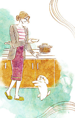 PSD 동물 한마리 여자 행복 일러스트 함께함 한명 사람 성인 반려동물 귀여움 주방 말티즈 강아지 먹이 조리대 동물보호 국내일러스트 1 감정 컨셉 개 사회이슈 파일형식