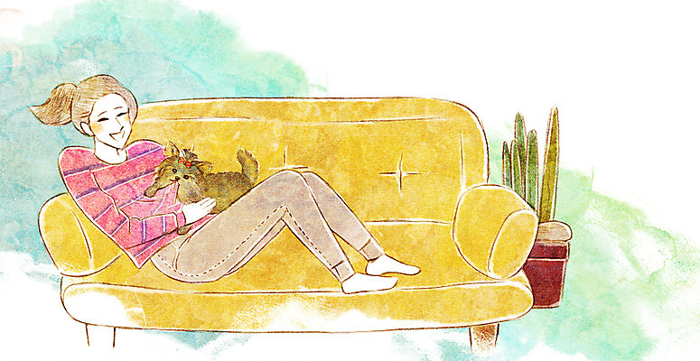 PSD 동물 한마리 여자 행복 화분 일러스트 함께함 한명 사람 성인 반려동물 소파 귀여움 강아지 요크셔테리어 동물보호 국내일러스트 1 감정 컨셉 의자 개 테리어 사회이슈 파일형식