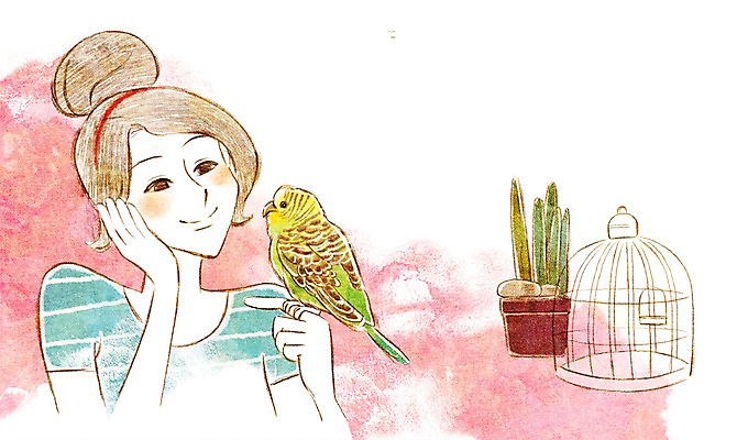 PSD 식물 동물 여자 행복 화분 일러스트 조류 함께함 한명 사람 성인 귀여움 앵무새 새장 동물보호 국내일러스트 1 감정 컨셉 사회이슈 케이지 파일형식