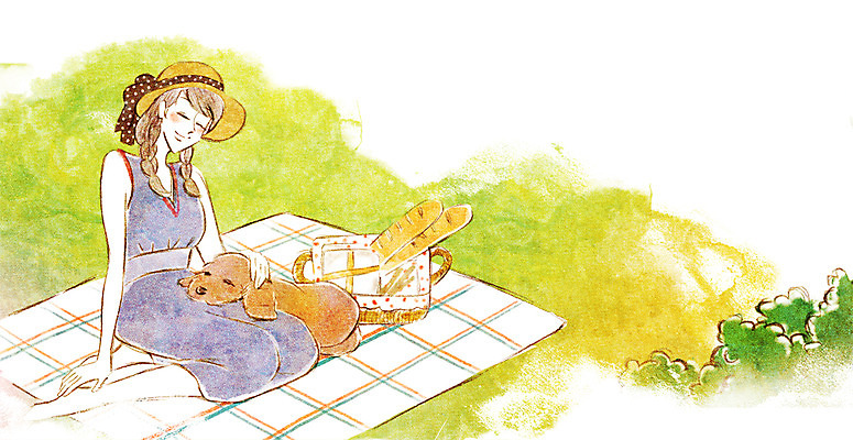 PSD 동물 한마리 여자 행복 빵 일러스트 함께함 한명 사람 성인 반려동물 소풍 바구니 귀여움 코커스패니얼 강아지 바게트 돗자리 동물보호 국내일러스트 1 감정 음식 컨셉 야외활동 스패니얼 개 사회이슈 파일형식