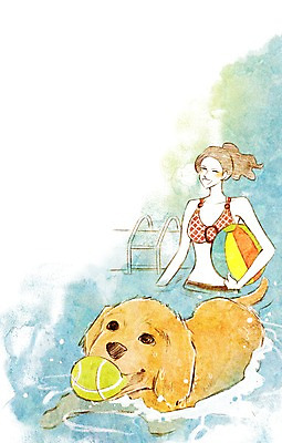 PSD 동물 한마리 여자 행복 일러스트 공 물놀이 수영장 함께함 한명 사람 성인 반려동물 비키니 귀여움 코커스패니얼 강아지 비치볼 동물보호 국내일러스트 1 수영복 감정 컨셉 놀이 바캉스용품 스패니얼 개 사회이슈 파일형식