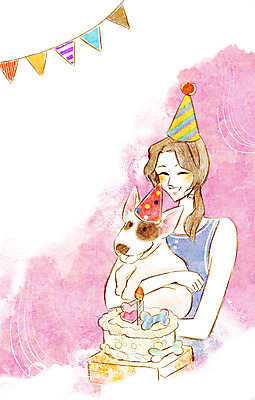 PSD 동물 한마리 여자 행복 일러스트 함께함 한명 사람 성인 반려동물 귀여움 케이크 고깔모자 생일파티 생일 강아지 동물보호 불테리어 국내일러스트 모자_잡화 1 기념일 감정 컨셉 디저트 개 테리어 사회이슈 파일형식
