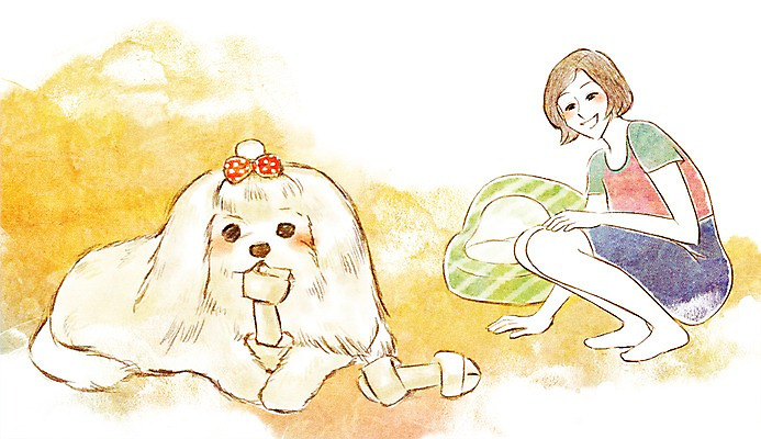 PSD 동물 한마리 여자 행복 일러스트 함께함 한명 사람 성인 반려동물 귀여움 말티즈 강아지 동물보호 개집 개껌 국내일러스트 1 감정 컨셉 개 사회이슈 애견용품 파일형식