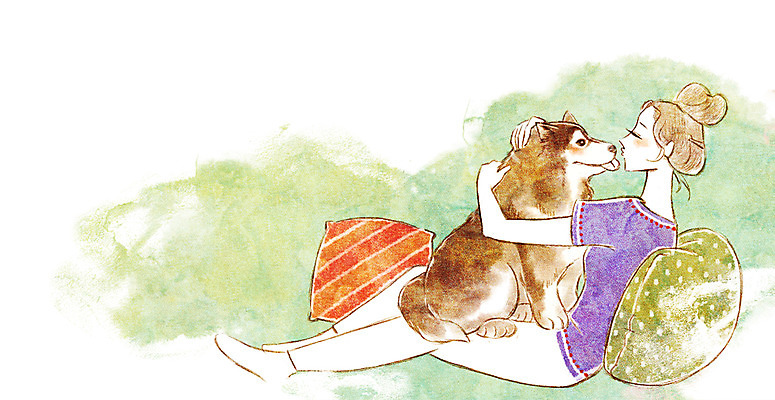 PSD 동물 한마리 여자 행복 쿠션 일러스트 안기 키스 함께함 한명 사람 성인 반려동물 귀여움 강아지 시베리안허스키 동물보호 국내일러스트 1 감정 컨셉 모션 개 사회이슈 애정표현 파일형식