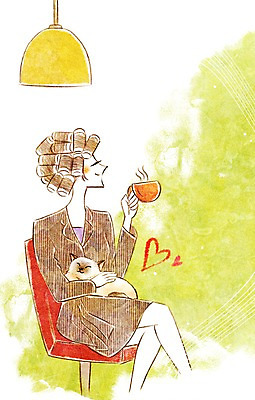 PSD 동물 한마리 여자 행복 의자 일러스트 함께함 한명 사람 성인 반려동물 귀여움 고양이 파마 미용실 커피잔 동물보호 국내일러스트 1 헤어스타일 감정 커피 가구 컨셉 포유류 잔 뷰티샵 사회이슈 파일형식