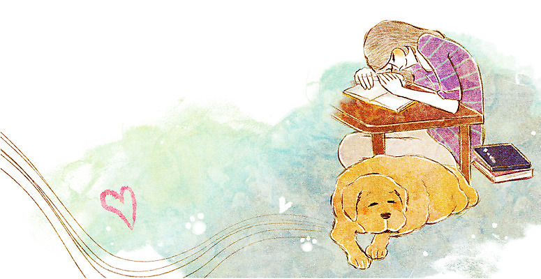 PSD 동물 한마리 여자 행복 일러스트 탁자 함께함 한명 사람 성인 책 반려동물 귀여움 잠 강아지 낮잠 동물보호 국내일러스트 1 감정 가구 컨셉 개 사회이슈 파일형식