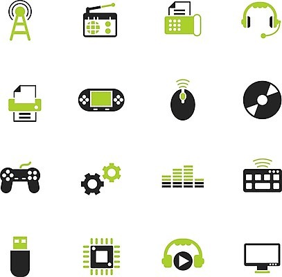 EPS 해외이미지 이어폰 일러스트 초록색 모니터 키보드 쥐 심볼 마이크 라디오 조이스틱 팩스 비디오게임 프로세서 해외202004 해외일러스트 컬러 음향기기 전자제품 컴퓨터 사무용품 게임 설치류 게임기 파일형식 벡터 이미지허브