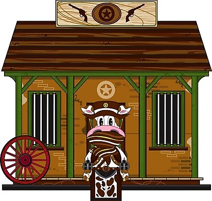 EPS 해외이미지 동물 일러스트 건물 가축 소 카우보이 보안관 만화 교도소 감옥 카우보이모자 서쪽 해외202004 해외일러스트 직업 모자_잡화 건축물 포유류 방향 파일형식 벡터 이미지허브