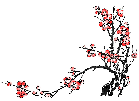 JPG 해외이미지 일러스트 붓터치 미술 사람없음 빨간색 벚꽃 먹 동양화 그림 번짐 꽃가지 해외202004 해외일러스트 꽃 컬러 서예 문화예술 나뭇가지 파일형식 효과 이미지허브