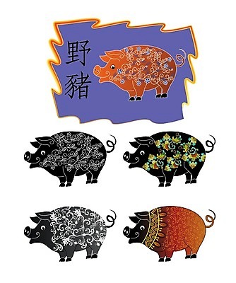 EPS 해외이미지 동물 꽃 잎 패턴 일러스트 포유류 프레임 장식 반려동물 검은색 인도인 문신 꼬리 5 주둥이 멧돼지 스타일 해외202004 해외일러스트 외국인 식물 컬러 무늬 동양인 숫자 파일형식 벡터 이미지허브