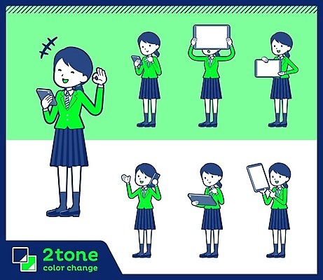 EPS 해외이미지 전신 여학생 여자 교복 일러스트 청소년 아이디어 서기 들기 여러명 초록색 스마트폰 세트 태블릿 발표 통화 보여주기 십대여자만 해외202004 해외일러스트 학생 옷 컬러 다수 컨셉 모션 사람 전자제품 핸드폰 스마트기기 여자만 십대만 파일형식 벡터 이미지허브
