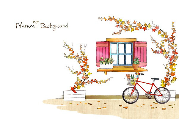 PSD 식물 계절 화분 백그라운드 단풍 일러스트 창문 자연 외벽 사람없음 자전거 가을 분위기 덩굴 순수 가을배경 국내일러스트 벽 컨셉 잎 바이크 생태계 파일형식 가을_계절