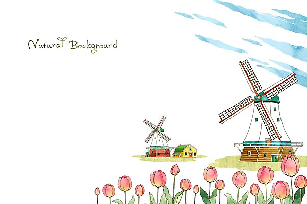 PSD 식물 계절 꽃 백그라운드 일러스트 자연 사람없음 건물 봄 풍차 튤립 분위기 순수 봄배경 국내일러스트 건축물 컨셉 생태계 파일형식