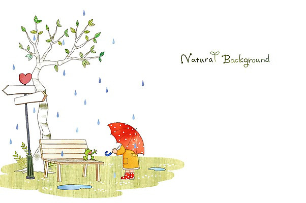 PSD 나무 식물 어린이 백그라운드 벤치 일러스트 우산 자연 날씨 개구리 한명 사람 표지판 비 분위기 순수 우비 어린이만 국내일러스트 자연요소 1 옷 컨셉 의자 알림판 양서류 생태계 파일형식