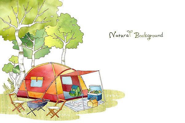 PSD 나무 식물 계절 백그라운드 일러스트 배낭 자연 사람없음 여름 캠핑 분위기 바비큐 순수 아이스박스 야외의자 국내일러스트 음식 컨셉 의자 가방 레저 생태계 파일형식
