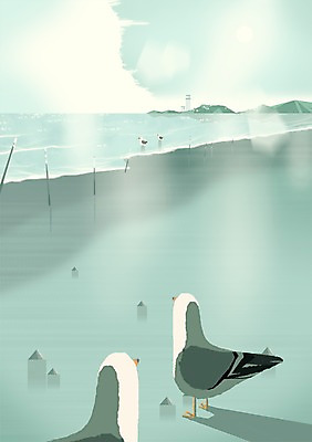 주간 PSD 계절 바다 백그라운드 일러스트 갈매기 조류 휴식 등대 풍경 해변 사람없음 야외 여름 모래사장 자유 시원함 국내일러스트 자연요소 동물 컨셉 파일형식