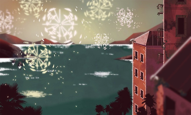 PSD 나무 식물 계절 바다 섬 백그라운드 일러스트 리조트 휴식 불꽃놀이 풍경 사람없음 야외 건물 여름 자유 야간 시원함 국내일러스트 자연요소 건축물 컨셉 놀이 파일형식