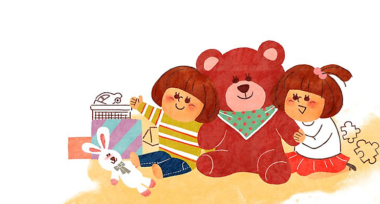 PSD 라이프스타일 여자 행복 어린이 일러스트 가족 함께함 선물 사람 두명 장난감 곰인형 퍼즐 쌍둥이 자매 여자만 어린이만 국내일러스트 감정 인형 컨셉 관계 생활 파일형식