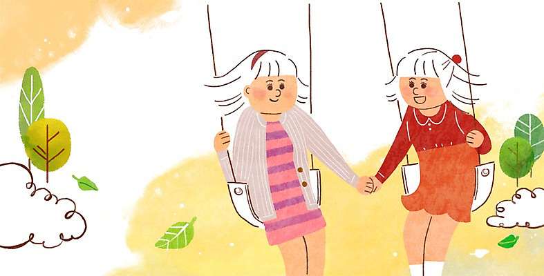 PSD 나무 식물 구름 라이프스타일 여자 행복 어린이 일러스트 가족 함께함 사람 두명 손잡기 놀이터 쌍둥이 그네 자매 그네타기 여자만 어린이만 국내일러스트 자연요소 감정 컨셉 관계 모션 놀이 생활 파일형식