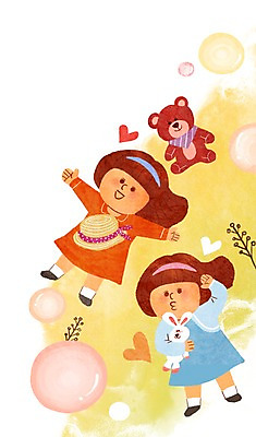 PSD 모자 라이프스타일 여자 행복 어린이 일러스트 가족 함께함 사람 두명 장난감 곰인형 쌍둥이 자매 토끼인형 여자만 어린이만 국내일러스트 잡화 감정 인형 컨셉 관계 생활 토끼 파일형식