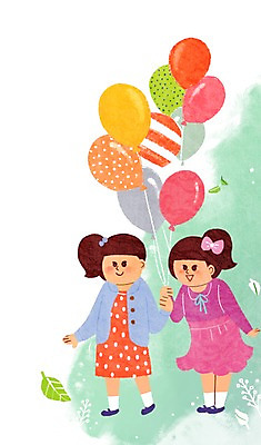 PSD 라이프스타일 여자 행복 어린이 일러스트 가족 함께함 사람 두명 쌍둥이 자매 풍선 여자만 어린이만 국내일러스트 감정 컨셉 관계 생활 파일형식