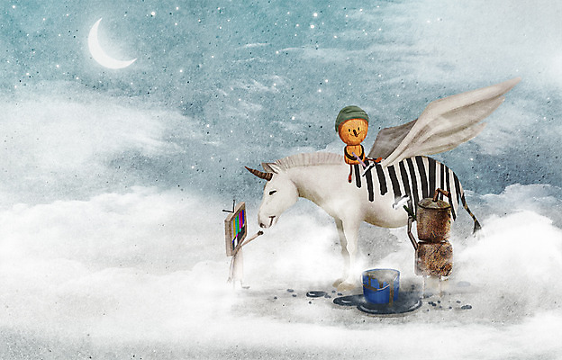 PSD 구름 화분 백그라운드 날개 일러스트 상상 밤하늘 협력 사람없음 야외 텔레비전 페인트 달 말_동물 연기 야간 난로 깡통로봇 나무인형 유니콘 국내일러스트 자연요소 인형 포유류 하늘 전자제품 난방기 로봇 파일형식