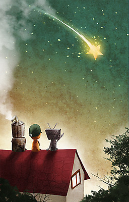 PSD 나무 별 화분 백그라운드 일러스트 상상 밤하늘 주택 사람없음 야외 텔레비전 연기 야간 유성 난로 소원 깡통로봇 나무인형 국내일러스트 자연요소 식물 인형 하늘 건물 전자제품 난방기 로봇 파일형식