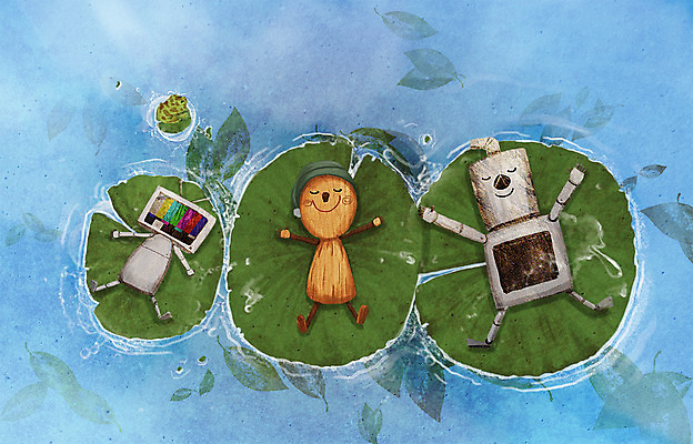 PSD 화분 백그라운드 잎 일러스트 상상 휴식 개구리 사람없음 텔레비전 수면 난로 연잎 깡통로봇 나무인형 국내일러스트 수면_잠 식물 인형 컨셉 양서류 물 전자제품 잠 난방기 로봇 파일형식