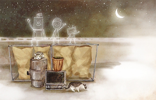 PSD 동물 별 화분 백그라운드 일러스트 상상 밤하늘 사람없음 야외 담장 텔레비전 고양이 희망 재활용 꿈 달 연기 쓰레기 야간 난로 고철 깡통로봇 나무인형 국내일러스트 자연요소 감정 인형 포유류 하늘 전자제품 반려동물 난방기 로봇 친환경 파일형식