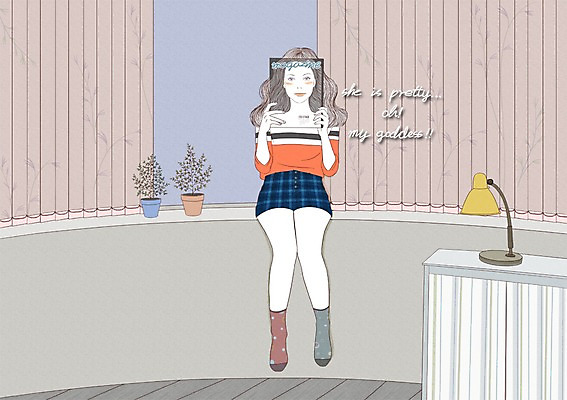 PSD 식물 라이프스타일 여자 화분 일러스트 한명 사람 앉기 성인 스탠드 잡지 창가 모던 모던피플 국내일러스트 1 창문 모션 조명 생활 간행물 파일형식