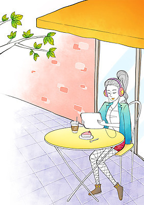 주간 PSD 라이프스타일 여자 일러스트 휴식 한명 사람 성인 야외 태블릿 헤드폰 음악감상 카페 모던 모던피플 안식처 국내일러스트 자연요소 1 음향기기 컨셉 생활 전자제품 스마트기기 상점 감상 파일형식