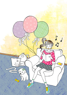 PSD 라이프스타일 여자 가방 일러스트 한명 사람 성인 책 반려동물 소파 독서 음악감상 강아지 모던 풍선 모던피플 국내일러스트 동물 1 잡화 의자 생활 감상 개 파일형식