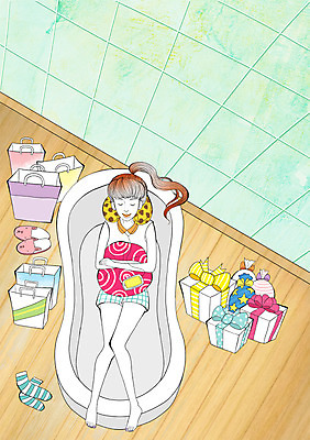 PSD 라이프스타일 여자 일러스트 욕조 실내 선물 한명 사람 성인 선물상자 쇼핑백 욕실 타일 모던 모던피플 국내일러스트 1 가방 내부 생활 상자 파일형식