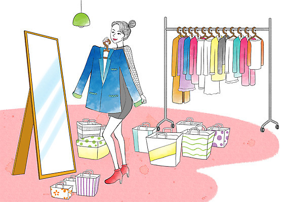 PSD 라이프스타일 옷 여자 일러스트 한명 사람 성인 쇼핑 쇼핑백 거울 옷걸이 모던 모던피플 국내일러스트 1 가방 생활 파일형식