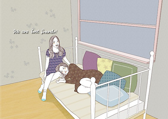 PSD 라이프스타일 여자 쿠션 일러스트 창문 실내 사람 성인 두명 친구 침대 모던 모던피플 성인여자만 국내일러스트 가구 관계 내부 생활 여자만 성인만 파일형식