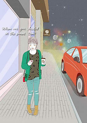 PSD 라이프스타일 여자 일러스트 자동차 거리 한명 사람 성인 야외 건물 스마트폰 야간 종이컵 모던 모던피플 국내일러스트 자연요소 1 건축물 육상교통 생활 컵 핸드폰 스마트기기 일회용 파일형식