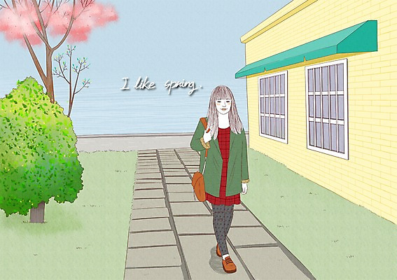 PSD 나무 식물 라이프스타일 계절 여자 일러스트 거리 한명 사람 성인 야외 건물 봄 벚꽃 모던 모던피플 국내일러스트 1 건축물 꽃 생활 파일형식