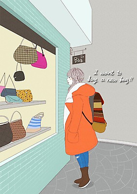 PSD 라이프스타일 여자 가방 일러스트 배낭 창문 한명 사람 성인 야외 쇼핑 상점 구경 모던 모던피플 국내일러스트 1 잡화 생활 파일형식