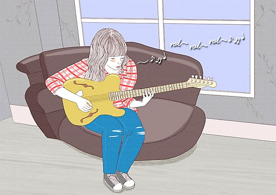 PSD 라이프스타일 여자 악기 연주 일러스트 창문 실내 한명 사람 성인 소파 기타 모던 모던피플 국내일러스트 1 음악 의자 현악기 내부 생활 파일형식