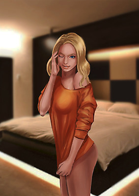 PSD 여자 일러스트 실내 윙크 한명 사람 상반신 성인 섹시 침실 침대 유혹 스웨터 국내일러스트 1 가구 컨셉 상의 표정 내부 파일형식