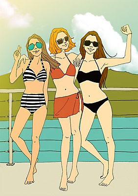 주간 PSD 라이프스타일 계절 여자 수영복 여행 포즈 일러스트 휴가 휴식 함께함 사람 성인 야외 세명 여름 울타리 비키니 선글라스 자유 만화 아트툰 성인여자만 국내일러스트 자연요소 옷 안경 컨셉 생활 담장 그림 여자만 성인만 파일형식