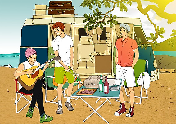 주간 PSD 라이프스타일 계절 남자 악기 음식 여행 연주 가방 일러스트 휴가 휴식 함께함 사람 성인 야외 세명 여름 캠핑 자유 기타 꼬치 바비큐 만화 캠핑카 야외의자 아트툰 성인남자만 국내일러스트 자연요소 잡화 음악 컨셉 의자 자동차 현악기 레저 생활 그림 남자만 성인만 파일형식