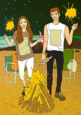 PSD 라이프스타일 커플 계절 여자 남자 바다 여행 일러스트 밤하늘 술병 휴가 휴식 함께함 폭죽 사람 성인 해변 야외 두명 여름 자유 야간 모닥불 만화 야외의자 아트툰 국내일러스트 자연요소 컨셉 의자 관계 하늘 불 병_용기 주류 생활 그림 파일형식