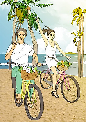 주간 PSD 식물 라이프스타일 커플 계절 여자 남자 바다 여행 일러스트 휴가 휴식 함께함 사람 성인 해변 야외 두명 여름 모래사장 야자수 자전거 자유 만화 아트툰 국내일러스트 자연요소 나무 컨셉 관계 생활 바이크 그림 파일형식