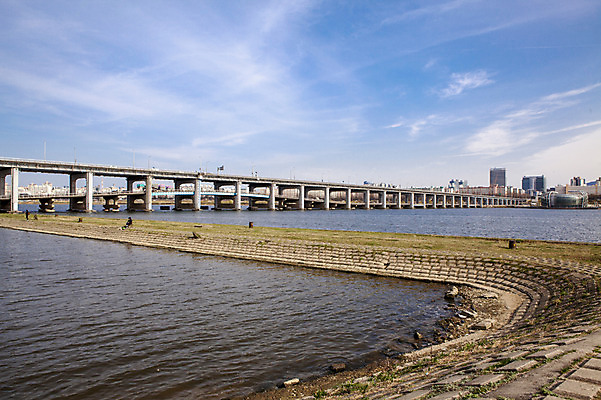 포토 JPG 주간 구름 하늘 서울 한국 풍경 사람없음 야외 강 한강 고수부지 반포대교 가교 국내포토 자연요소 건축물 아시아 다리_건축물 랜드마크 파일형식