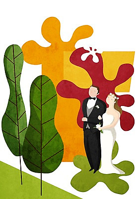 PSD 나무 커플 여자 남자 행복 신부 웨딩드레스 신랑 결혼 일러스트 함께함 사랑 사람 정장 턱시도 성인 두명 국내일러스트 식물 드레스 옷 감정 컨셉 관계 이벤트 파일형식