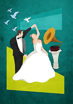 PSD 커플 여자 남자 행복 신부 웨딩드레스 신랑 결혼 일러스트 함께함 사랑 사람 정장 턱시도 성인 두명 춤 비둘기 축음기 국내일러스트 드레스 옷 감정 음향기기 컨셉 관계 조류 문화예술 이벤트 골동품 파일형식