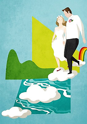 PSD 구름 커플 여자 남자 행복 신부 웨딩드레스 신랑 결혼 무지개 일러스트 함께함 사랑 사람 정장 턱시도 성인 두명 국내일러스트 자연요소 드레스 옷 감정 컨셉 관계 이벤트 파일형식